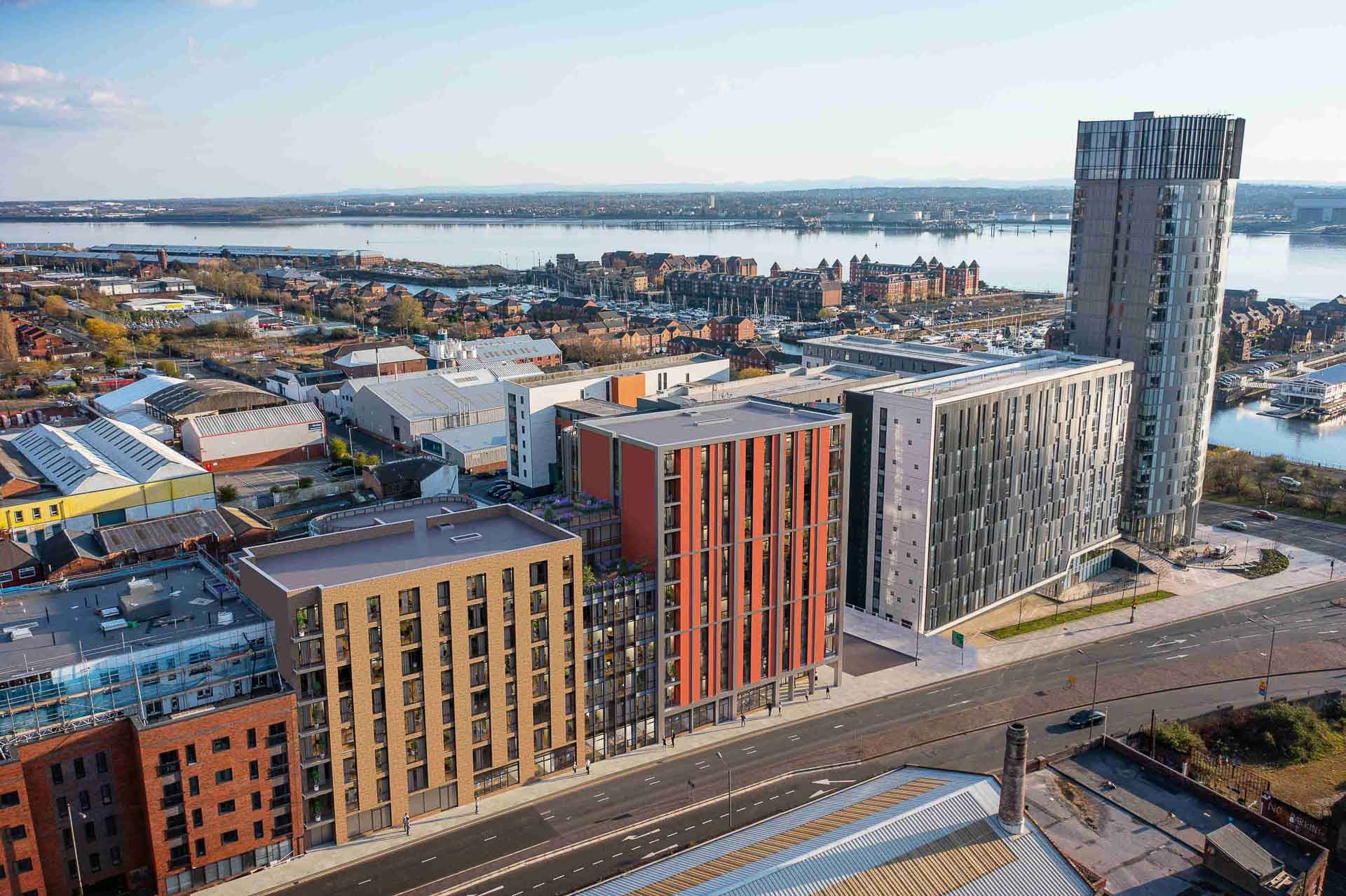 The Summit and the Baltic Triangle, Liverpool, with the River Mersey beyond